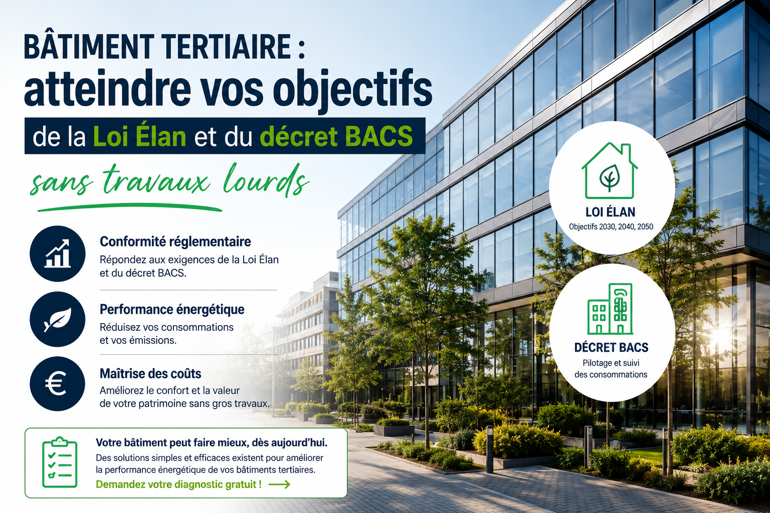 Bâtiment tertiaire atteindre vos objectifs de la Loi Élan et du décret BACS sans travaux lourds
